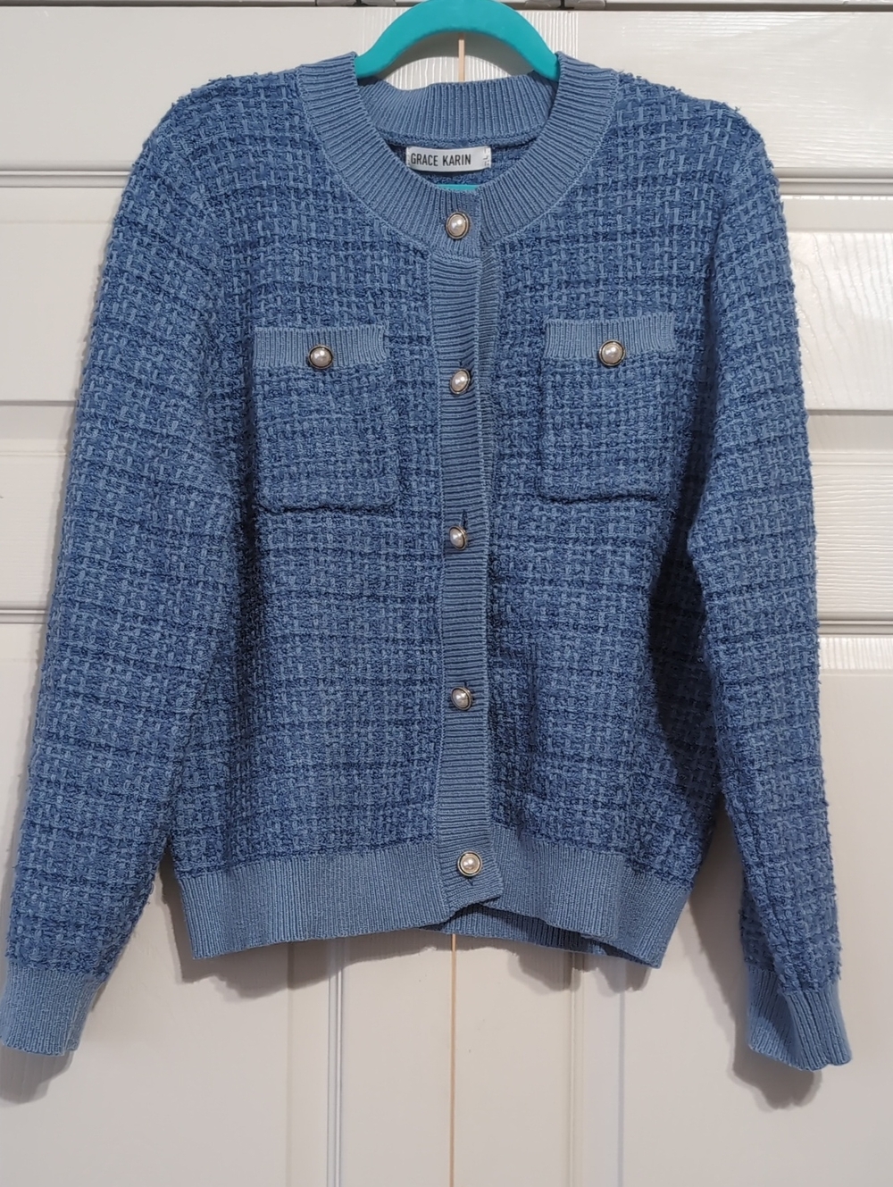 Grace Karin Blue Textured Pearl-Button Cardigan